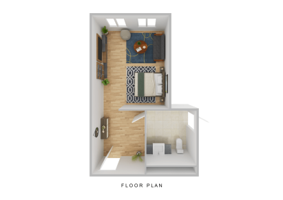 A 3D floor plan of a small room designed for independent living, featuring a bed, TV, sofa, rug, side table, and a separate bathroom with sink and toilet. Wood and tile flooring are visible, with windows on two walls.